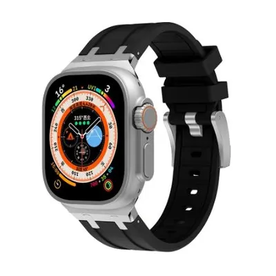Curea Flexi Steel, Sport, Compatibila Apple Watch, Ajustabila, Silicon si metal, Negru si Argintiu - 44/45/46/49 mm Engros