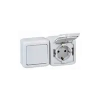 Intrerupator simplu + Priza Schuko 2P+T, 16 A - 250 VA cu protectie pentru copii, IP44, gri