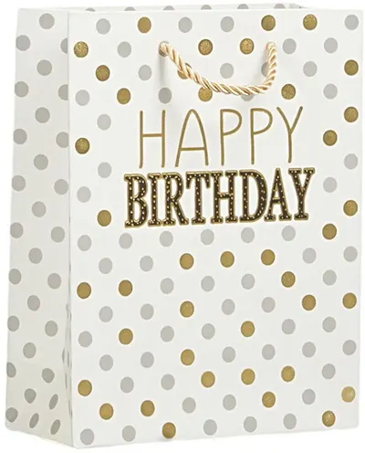 Pungă cadou Happy Birthday - Puncte, 18 х 23 х 8 cm, alb