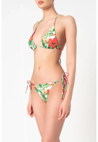 Sutien de baie cu cupe triunghiulare si imprimeu tropical - Multicolor