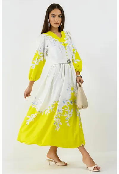 Rochie Maxi - Floral - Multicolor - Maneca lunga - Decolteu in V - Detaliu cu Nasturi