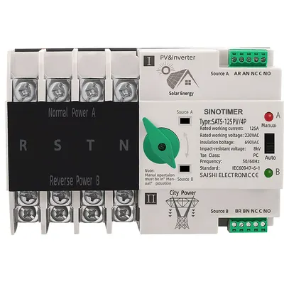 Comutator de transfer, PV, 4P cu sina DIN, SINOTIMER, comutatoare de selectie automata de transfer cu dubla alimentare, 125A SATS-125PV/4P
