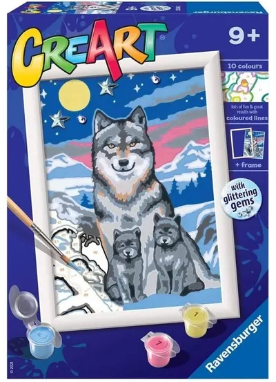 Set de pictat după numere Ravensburger CreArt - Lupii în zăpadă