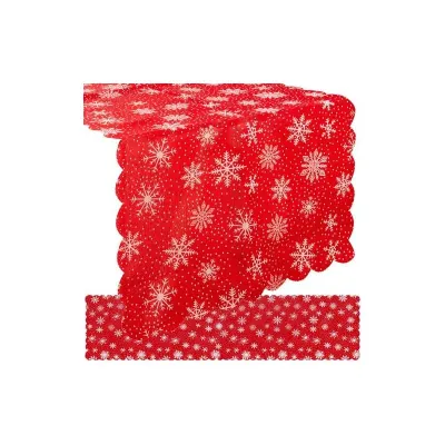 Napron decorativ pentru Craciun, rosie cu fulgi de zapada albi, 150 x 35 cm