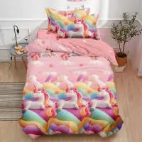 Lenjerie pat 140x200cm, FINET, 4 piese, cu ELASTIC, Roz, unicorni