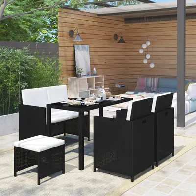 vidaXL Set mobilier de exterior cu perne, 6 piese, negru, poliratan