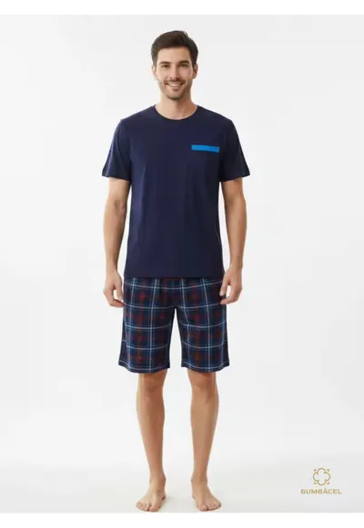 Pijamale din bumbac - din doua piese - tricou si pantaloni scurti - pentru barbati - Albastru
