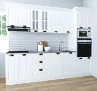 Set bucatarie SQUARE 260 cm, 7 corpuri, corp cuptor + microunde, blat termorezistent, fronturi MDF, alb rustic