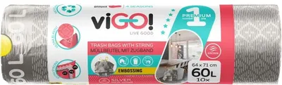 Saci de gunoi cu legături viGO! - Premium #1, 60 l, 10 buc, argintiu