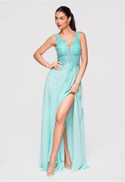 Rochie Maxi de Seara Eleganta cu Dantela si Croiala Ampla - Albastru deschis
