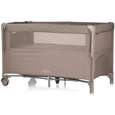Patut pliabil Chipolino Relax Tiramisu Linen cu laterala culisanta, intrare laterala cu fermoar, geanta pentru transport, greutate admisa 15 kg