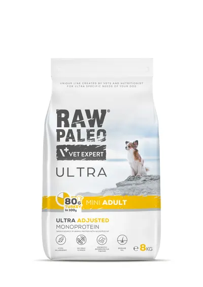 Hrană uscată pentru câini Raw Paleo Ultra Turkey Mini Adult, 8 kg