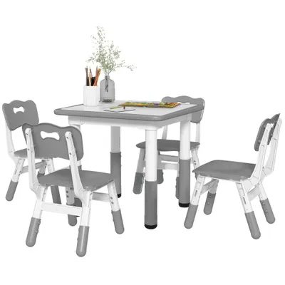 AIYAPLAY Set Masă și Scaune pentru Copii, 5 piese cu 4 Scaune Reglabile 32x36x52.5-56 cm și Masă 60x60x46-58 cm, Gri | Aosom Romania