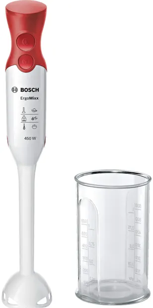 Blender de mână Bosch - ErgoMixx MSM64010, 450W, 2 viteze, alb/roșu
