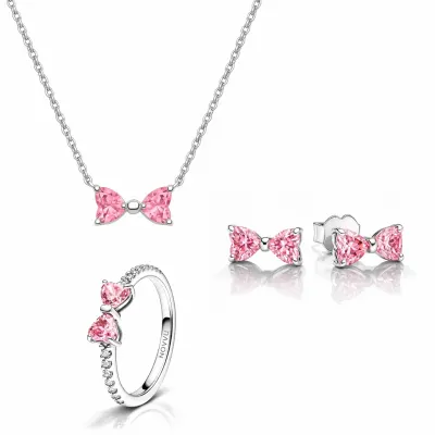 Set bijuterii Inel,Cercei si Colier Pink Bow Cu Argint