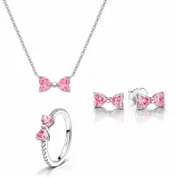 Set bijuterii Inel,Cercei si Colier Pink Bow Cu Argint