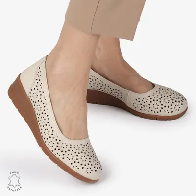 Balerini dama din Piele Naturala cu talpa groasa si Perforati CRL01381 BEJ