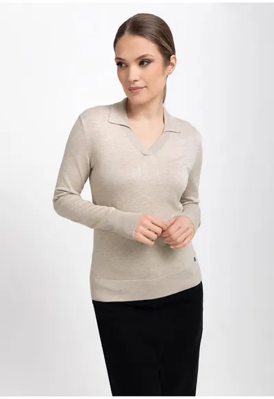 Pulover dama cu guler S-Toyo - decolteu in V - Slim Fit - bej melange - Bej melange