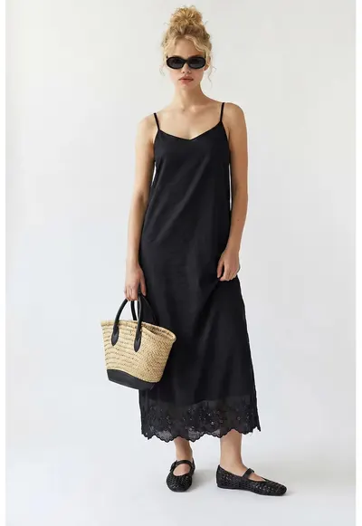 Rochie midi - tip A-Line - broderie - negru - lyocell-poliester