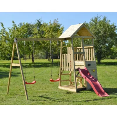 Turn de joaca cu panou catarare, 1 tobogan, 2 leagane, masuta picnic cu bancute, lada nisip, Wendi Toys