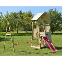 Turn de joaca cu panou catarare, 1 tobogan, 2 leagane, masuta picnic cu bancute, lada nisip, Wendi Toys