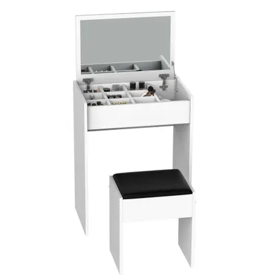 Masa de Machiaj cu Scaun si Container pentru depozitare si Oglinda Pliabila Alba 60,2x40,2x79cm HOMCOM | Aosom Romania