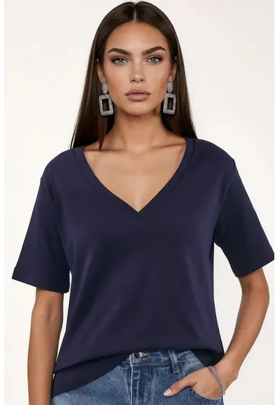 Tricouri dama - tricou cu decolteu in V - maneca scurta - albastru marin - bumbac