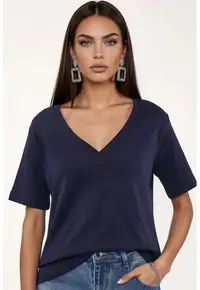 Tricouri dama - tricou cu decolteu in V - maneca scurta - albastru marin - bumbac