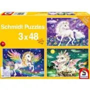 Set puzzle 3 x 48 piese, Animale mitice + cadou poster, Schmidt