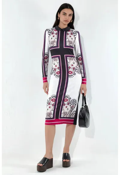 Rochie Midi Bodycon cu Imprimeu - Multicolor - Poliester si Lycra