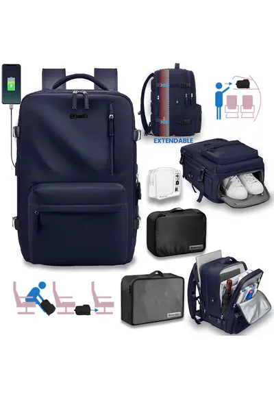 Rucsac voiaj + 2 x husa haine + trusa calatorie - bagaj mana extensibil - Bleumarin
