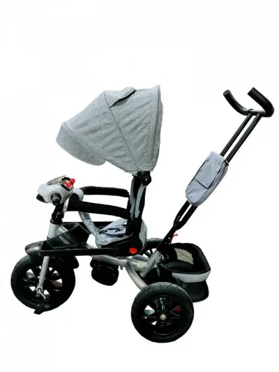 Tricicleta pentru copii Novokids Super Trike Gri Jeans cu copertina, melodii si lumini, roti din cauciuc, pozitie somn, scaun reversibil cu rotatie 360 grade