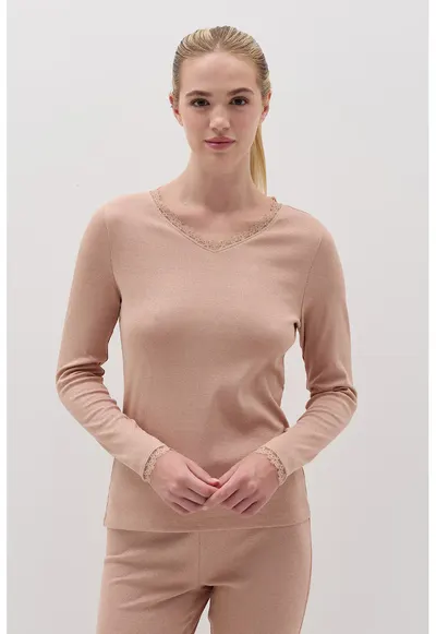 Bluza de pijama cu garnituri de dantela - Bej