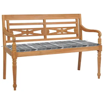 vidaXL Bancă Batavia cu pernă gri model carouri 120 cm lemn masiv tec