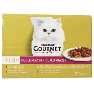 Set 12 buc x Hrana umeda pentru pisici Gourmet Gold Doble Placer cu rata curcan, vita pui , peste oceanic , iepure ficat 85 gr