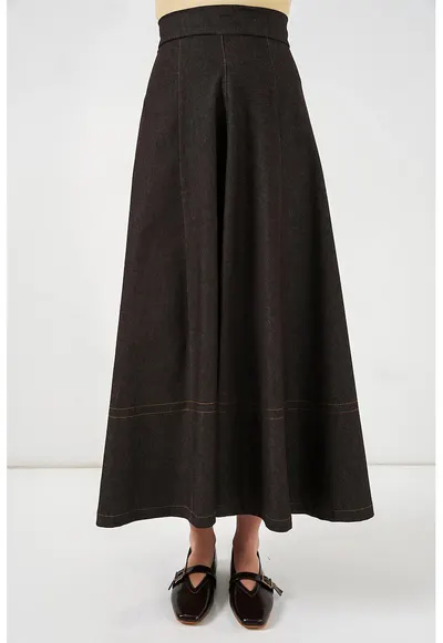 Fusta maxi din denim - talie inalta - maro - 100% bumbac