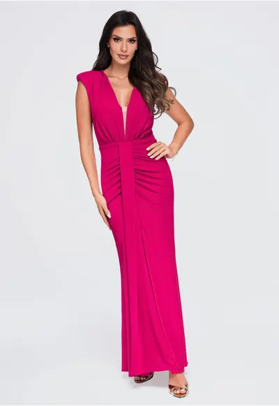 Rochie maxi cu decolteu adanc in V - Fucsia