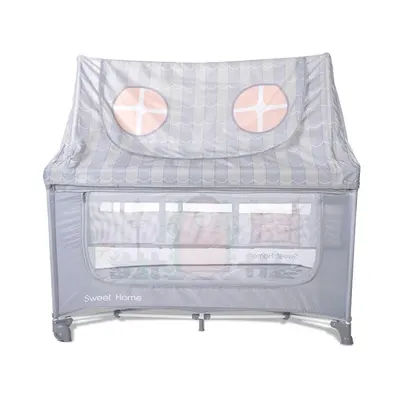 Patut pliabil pentru copii Lorelli Sweet Home Grey 2 nivele, usa laterala cu fermoar, capotina detasabila
