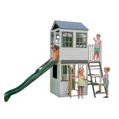 Complex de joaca din lemn cu tobogan, casuta etajata si balcon Woodland View