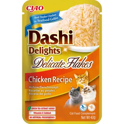 INABA Churu Dashi Delights Delicate Flakes, Pui, plic hrană umedă fără cereale pisici, (topping), 40g