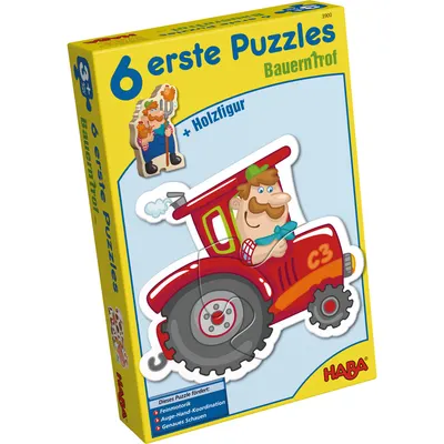 Set de 6 puzzle-uri cu piese mari din carton și o figurină din lemn