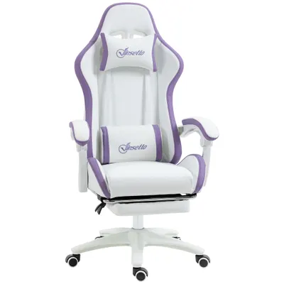 Vinsetto Scaun Gaming Reglabil pe Înălțime cu Tetieră, Alb și Mov | Aosom Romania