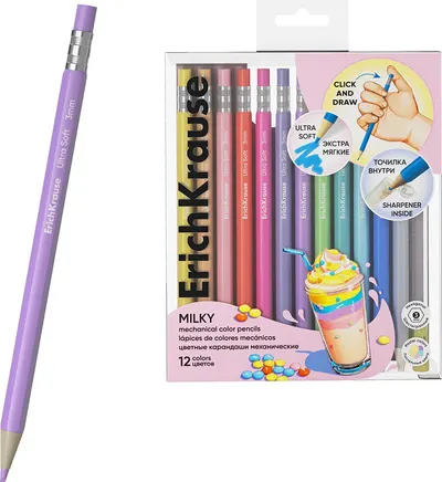 Creioane colorate Erich Krause - Pastel Milky, 12 culori + ascuţitoare