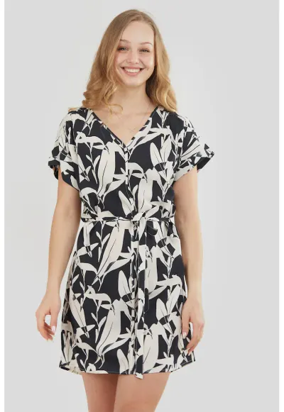 Rochie lejera cu model Palmetta - Alb/Negru stins