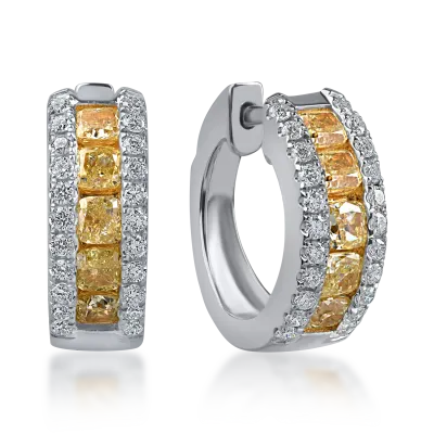 Cercei din aur alb-galben cu diamante galbene baguette si incolore rotunde de 1.6ct