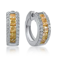 Cercei din aur alb-galben cu diamante galbene baguette si incolore rotunde de 1.6ct