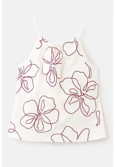 Top de bumbac cu broderie florala - Rosu/Alb fildes