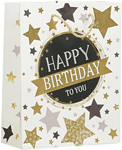 Pungă cadou Happy Birthday - Stele, 18 х 23 х 8 cm, alb