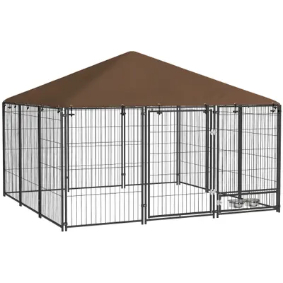 PawHut Tarc Câini din Metal cu Ușă pentru Bol, Padoc caine pentru Exterior cu Acoperiș din țesătură Oxford, 211x211x151 cm, Negru | Aosom Romania