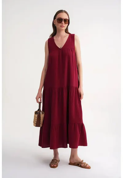 Rochie midi - decolteu in V - rosu - bumbac